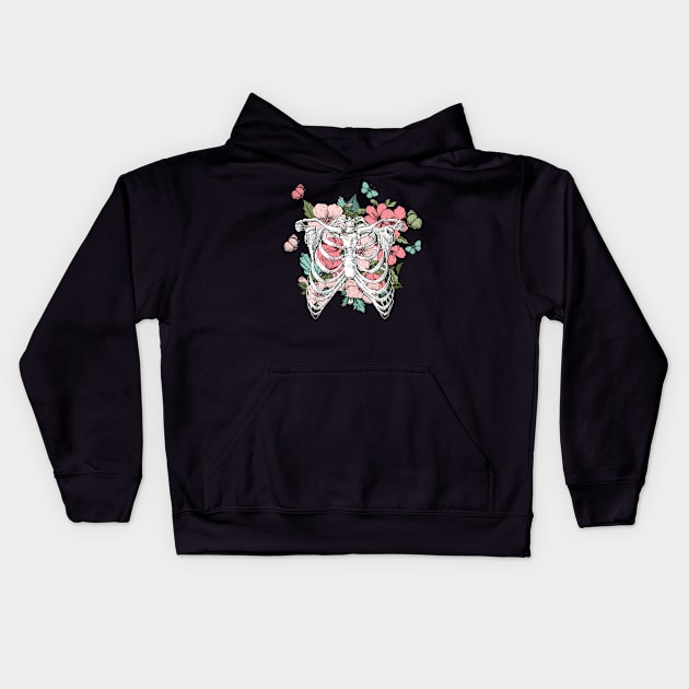 Blooming flowers human ribcage with butterflies Kids Hoodie by Dr.Bear